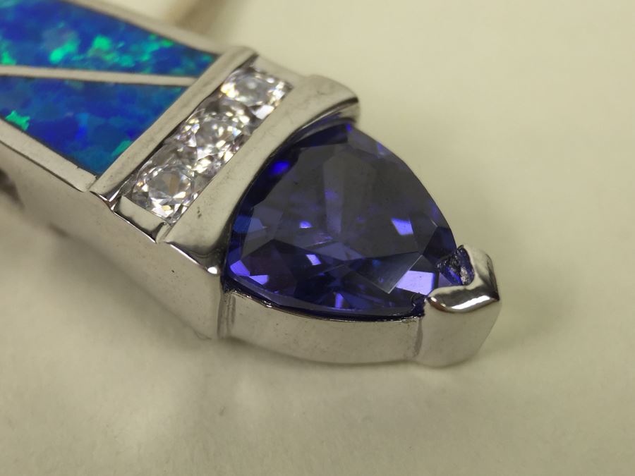 Sterling Silver Pendant Necklace With Blue Gemstone 13.6g [Photo 10]