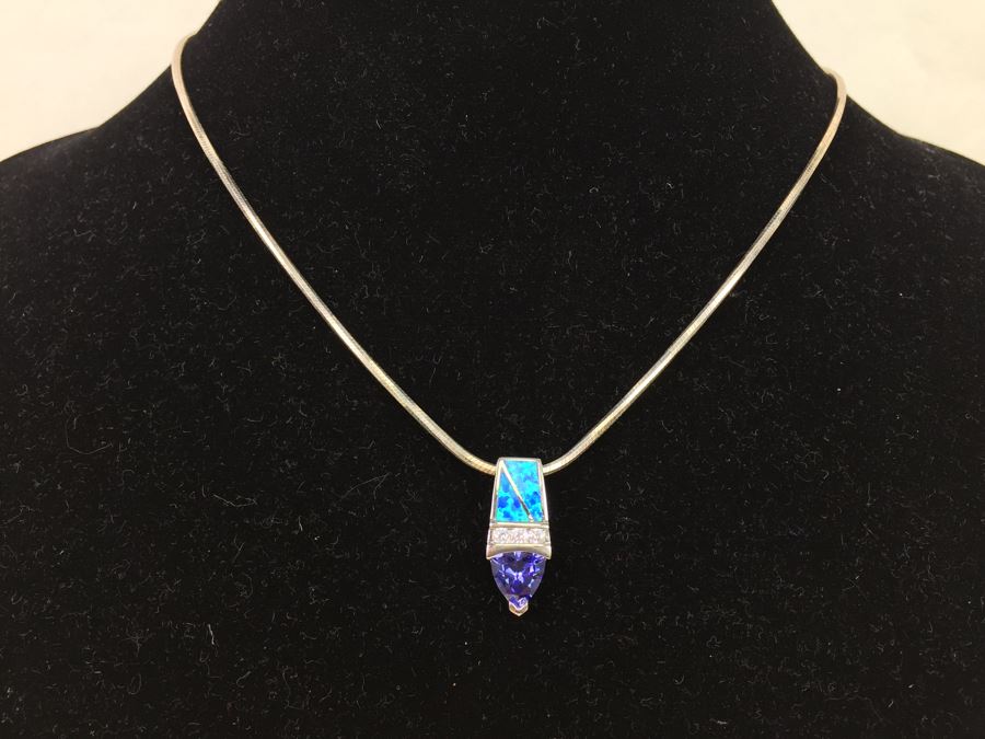 Sterling Silver Pendant Necklace With Blue Gemstone 13.6g [Photo 4]