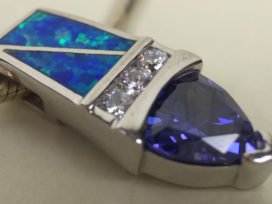 Sterling Silver Pendant Necklace With Blue Gemstone 13.6g [Photo 11]