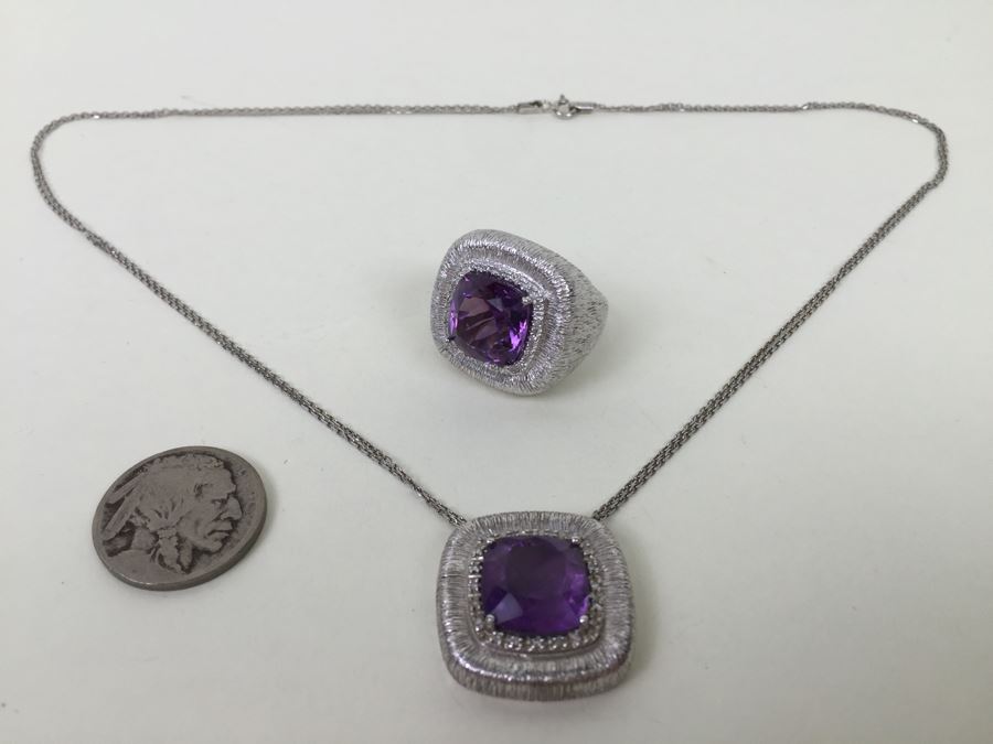 Sterling Silver Amethyst Pendant Chain With Matching Sterling Silver Amethyst  Ring 25.6g [Photo 4]