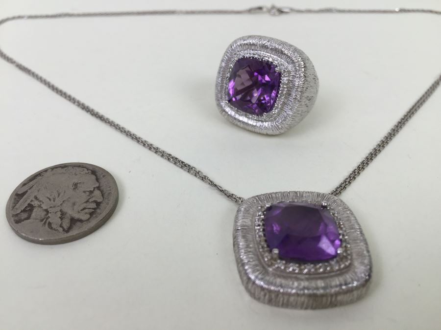 Sterling Silver Amethyst Pendant Chain With Matching Sterling Silver Amethyst  Ring 25.6g [Photo 1]