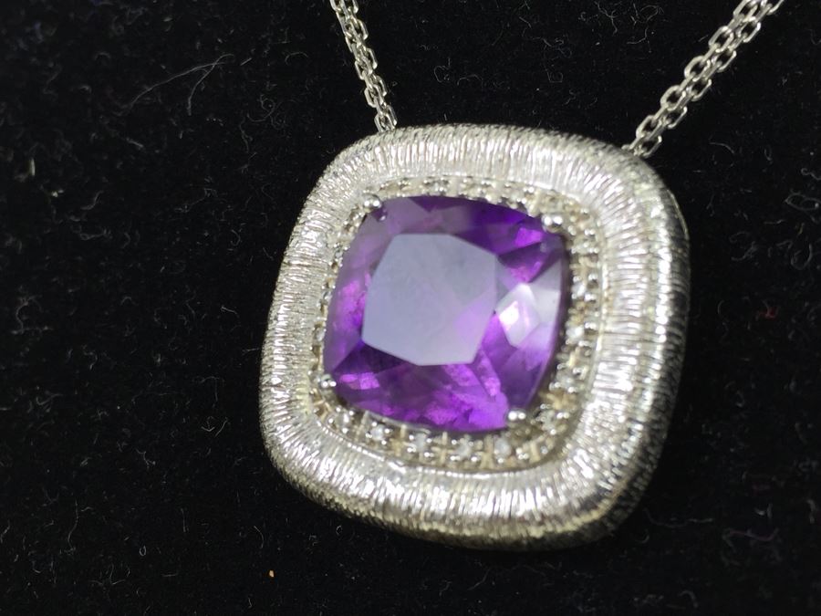 Sterling Silver Amethyst Pendant Chain With Matching Sterling Silver Amethyst  Ring 25.6g [Photo 39]