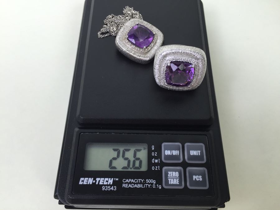 Sterling Silver Amethyst Pendant Chain With Matching Sterling Silver Amethyst  Ring 25.6g [Photo 43]
