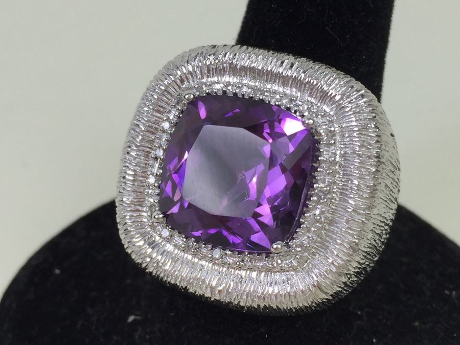 Sterling Silver Amethyst Pendant Chain With Matching Sterling Silver Amethyst  Ring 25.6g [Photo 34]