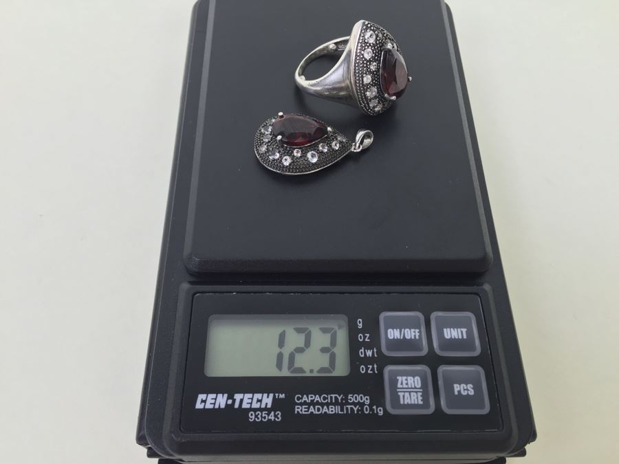 Sterling Silver Pendant And Matching Ring With Gemstones Signed SAI 12.3g [Photo 25]