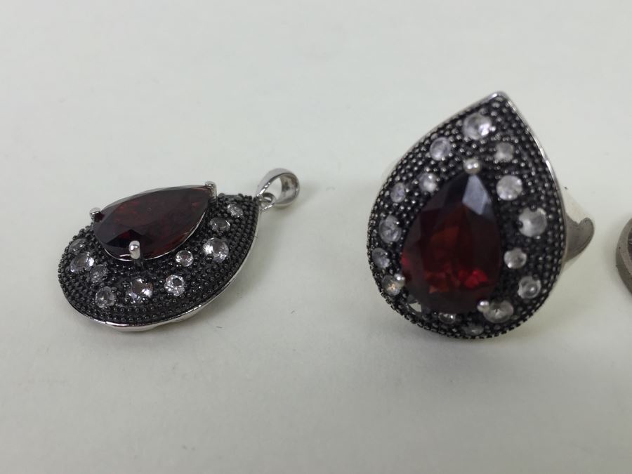 Sterling Silver Pendant And Matching Ring With Gemstones Signed SAI 12.3g [Photo 2]