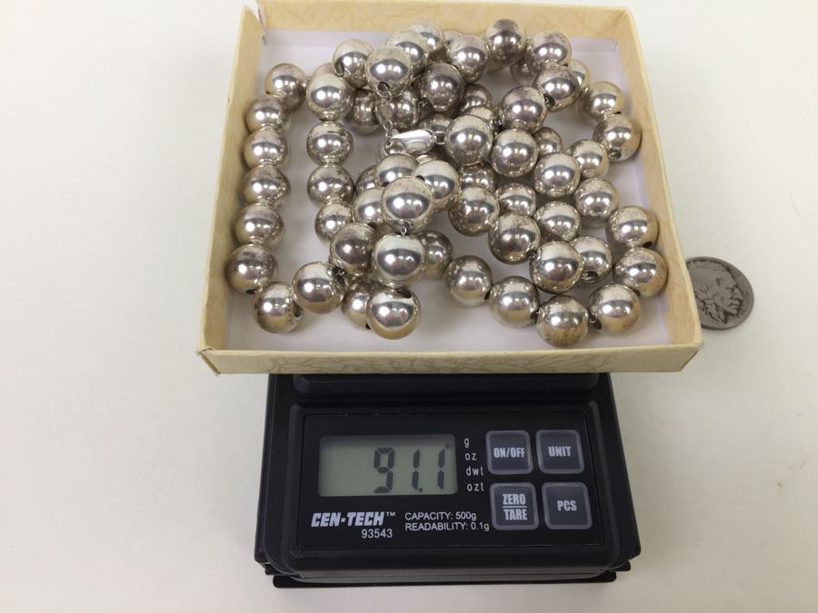 Vintage Sterling Silver Ball Bead Necklace Signed PPC 91.1g [Photo 3]