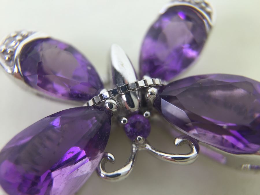 14K White Gold Amethyst Butterfly Pendant With 14K White Gold Box Chain 3.0g [Photo 15]