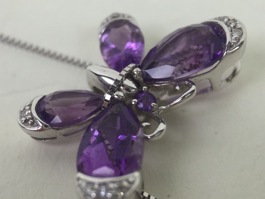 14K White Gold Amethyst Butterfly Pendant With 14K White Gold Box Chain 3.0g [Photo 10]