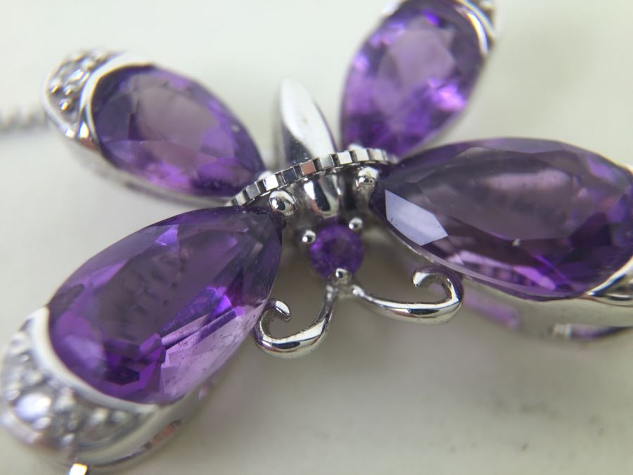 14K White Gold Amethyst Butterfly Pendant With 14K White Gold Box Chain 3.0g [Photo 14]