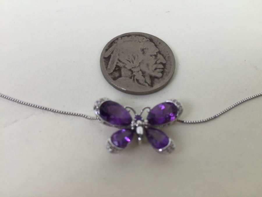 14K White Gold Amethyst Butterfly Pendant With 14K White Gold Box Chain 3.0g [Photo 5]