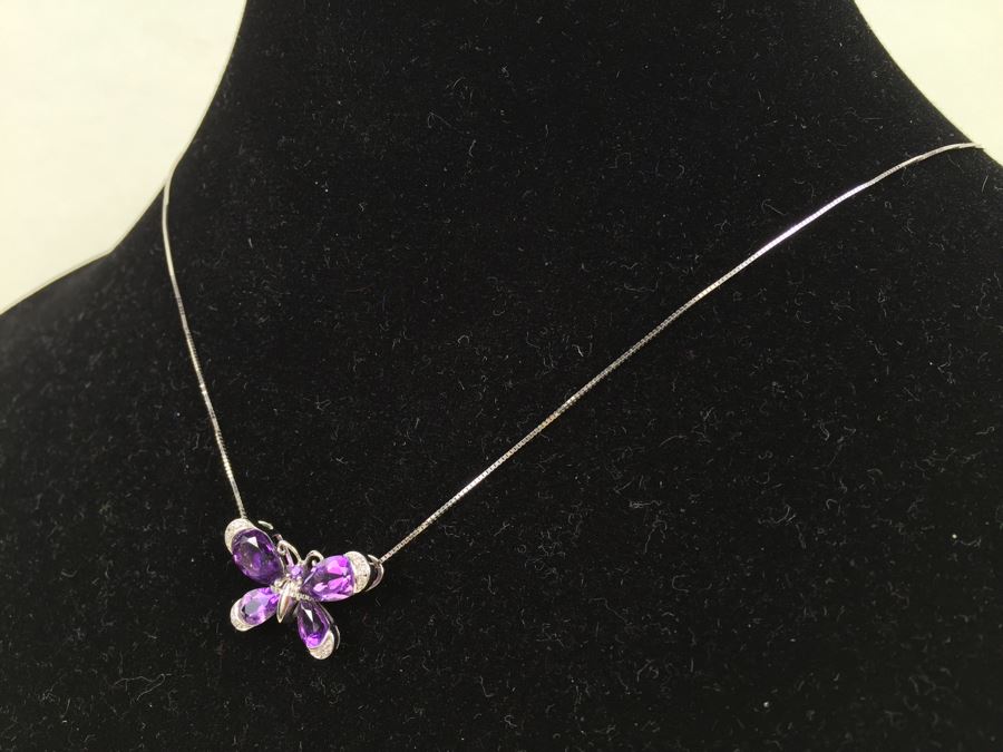 14K White Gold Amethyst Butterfly Pendant With 14K White Gold Box Chain 3.0g [Photo 4]