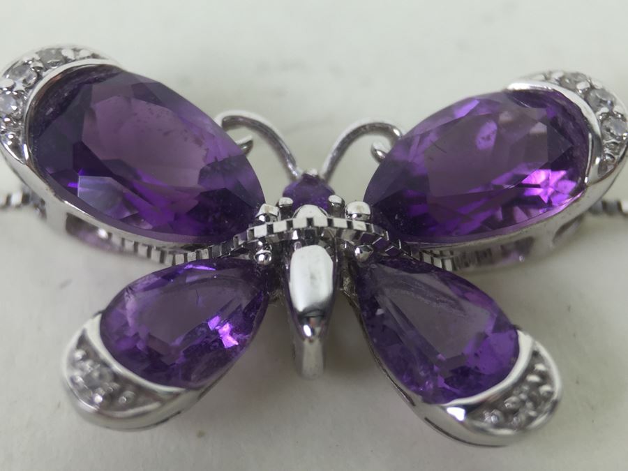 14K White Gold Amethyst Butterfly Pendant With 14K White Gold Box Chain 3.0g [Photo 7]