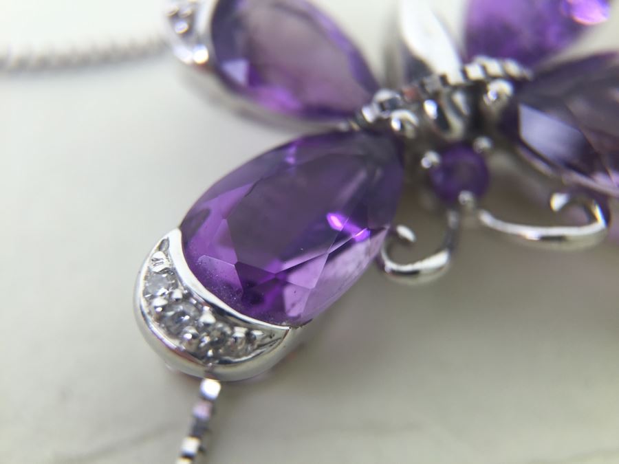 14K White Gold Amethyst Butterfly Pendant With 14K White Gold Box Chain 3.0g [Photo 16]
