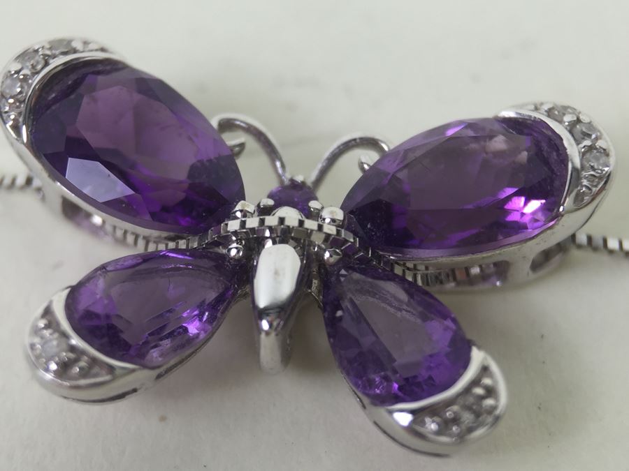 14K White Gold Amethyst Butterfly Pendant With 14K White Gold Box Chain 3.0g [Photo 9]