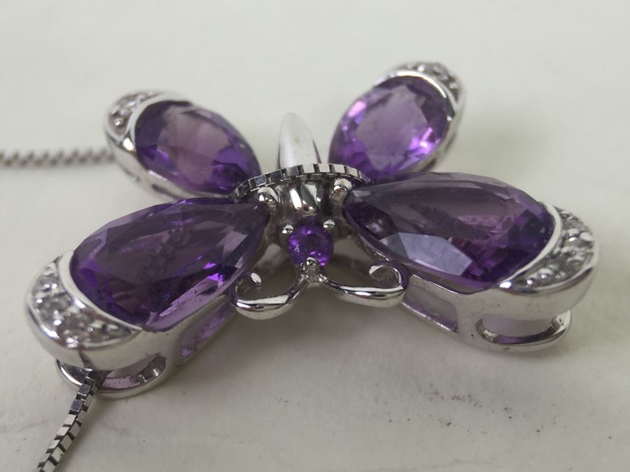 14K White Gold Amethyst Butterfly Pendant With 14K White Gold Box Chain 3.0g [Photo 12]