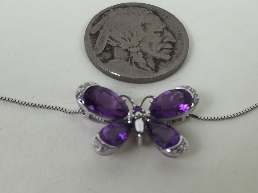 14K White Gold Amethyst Butterfly Pendant With 14K White Gold Box Chain 3.0g [Photo 6]