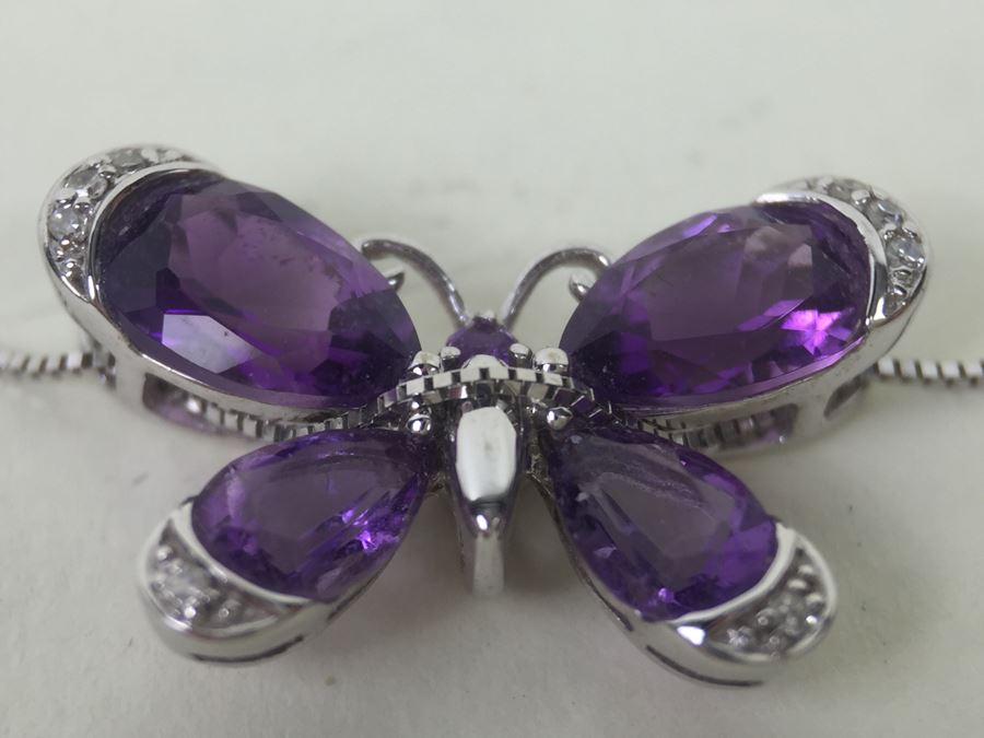 14K White Gold Amethyst Butterfly Pendant With 14K White Gold Box Chain 3.0g [Photo 8]