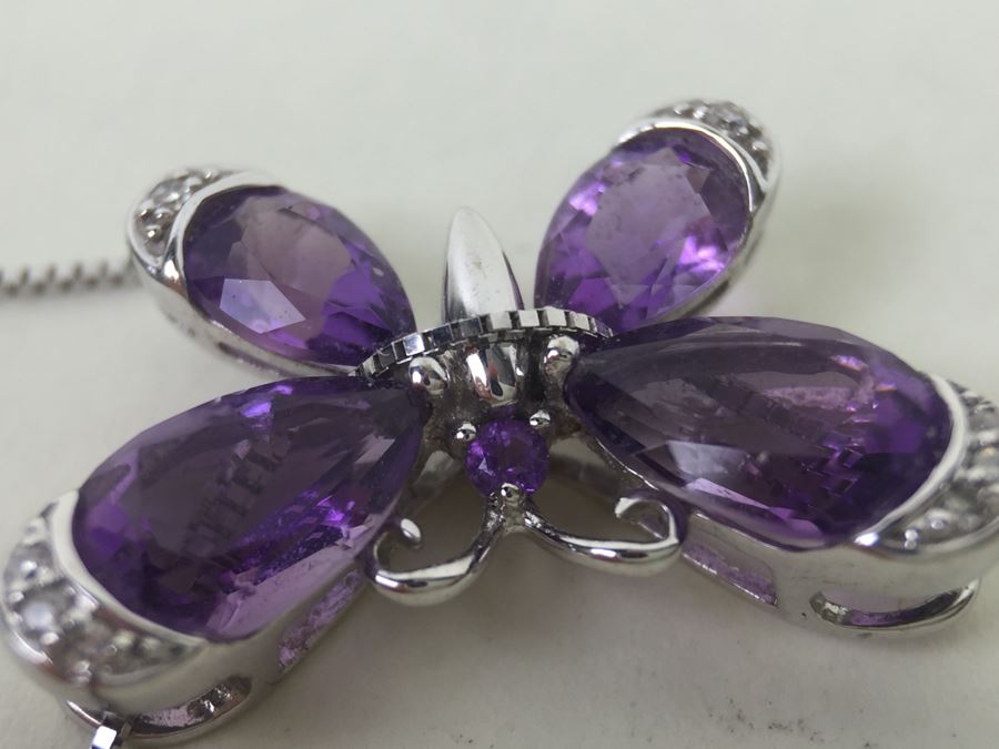 14K White Gold Amethyst Butterfly Pendant With 14K White Gold Box Chain 3.0g [Photo 13]