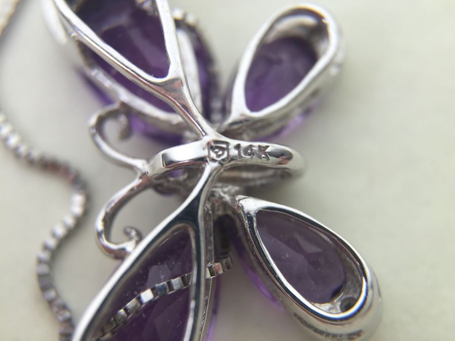 14K White Gold Amethyst Butterfly Pendant With 14K White Gold Box Chain 3.0g [Photo 18]