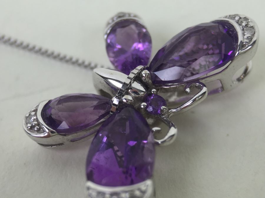 14K White Gold Amethyst Butterfly Pendant With 14K White Gold Box Chain 3.0g [Photo 11]
