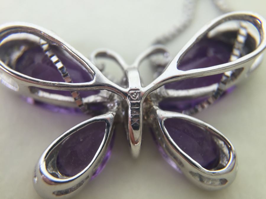 14K White Gold Amethyst Butterfly Pendant With 14K White Gold Box Chain 3.0g [Photo 17]