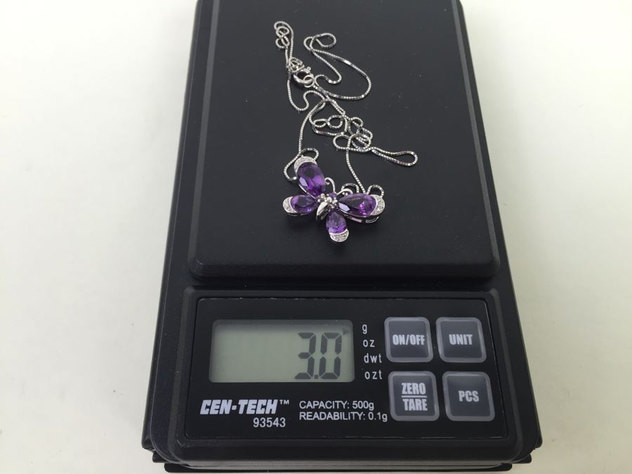 14K White Gold Amethyst Butterfly Pendant With 14K White Gold Box Chain 3.0g [Photo 24]