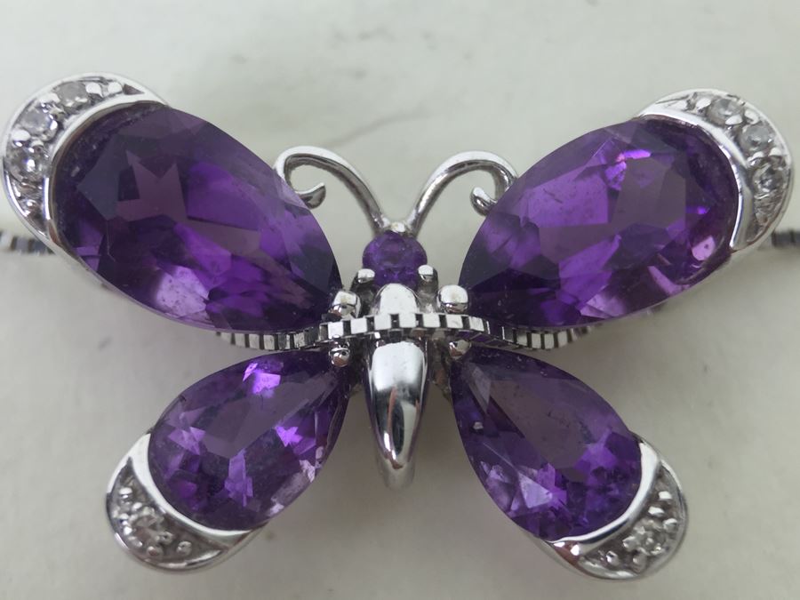 14K White Gold Amethyst Butterfly Pendant With 14K White Gold Box Chain 3.0g [Photo 2]