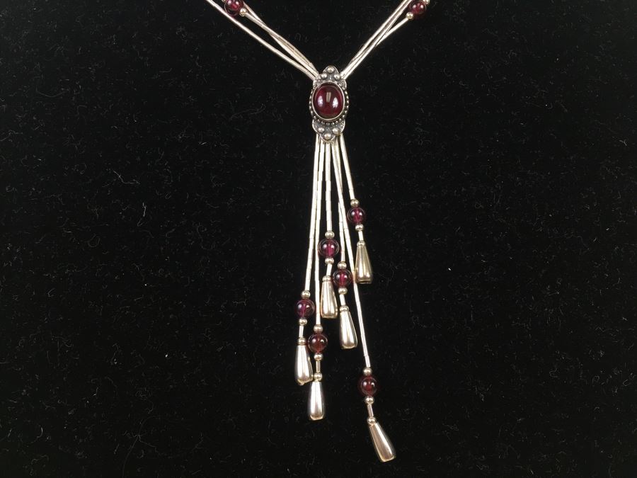 Sterling Silver Necklace With Gemstones Signed 13.3g [Photo 4]