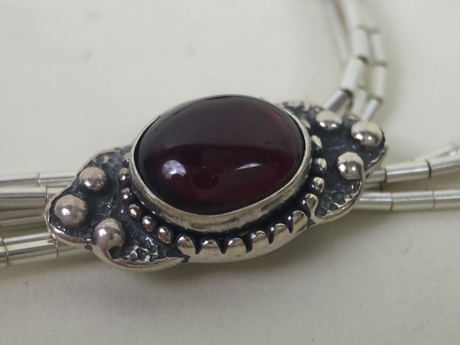 Sterling Silver Necklace With Gemstones Signed 13.3g [Photo 3]