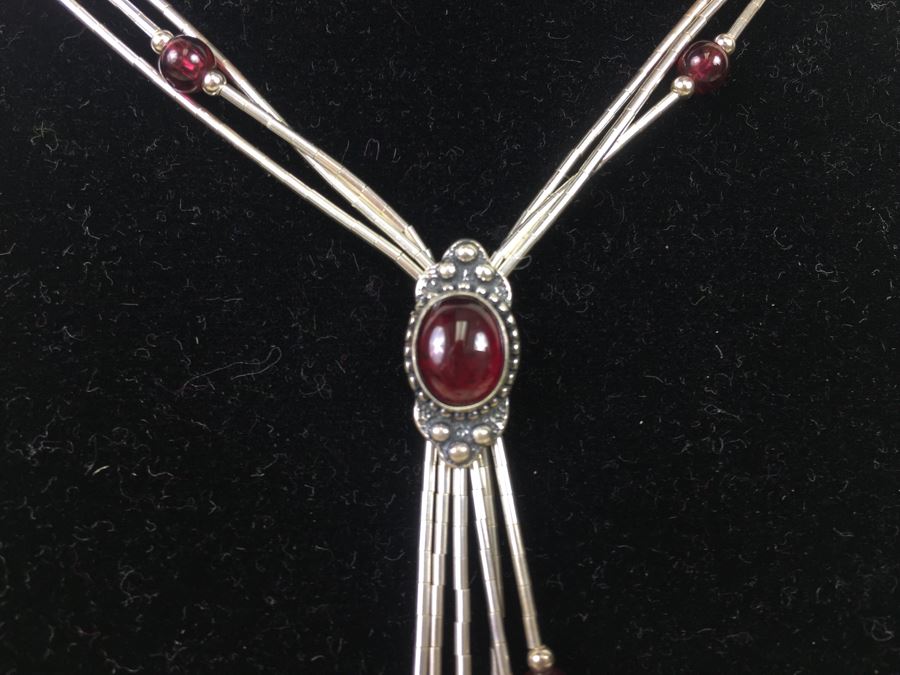 Sterling Silver Necklace With Gemstones Signed 13.3g [Photo 2]