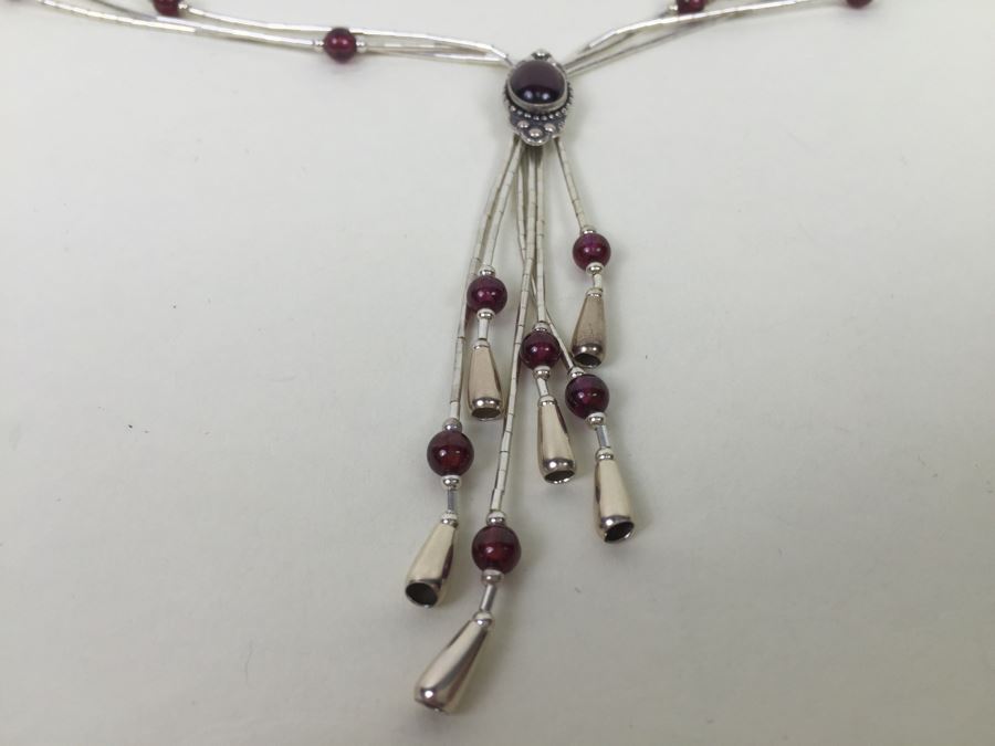 Sterling Silver Necklace With Gemstones Signed 13.3g [Photo 9]