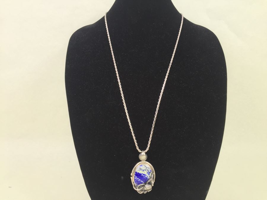 Large Sterling Silver Shell Motif Pendant With Large Blue And White Stone Plus Chunky Sterling Silver Chain 45.6g