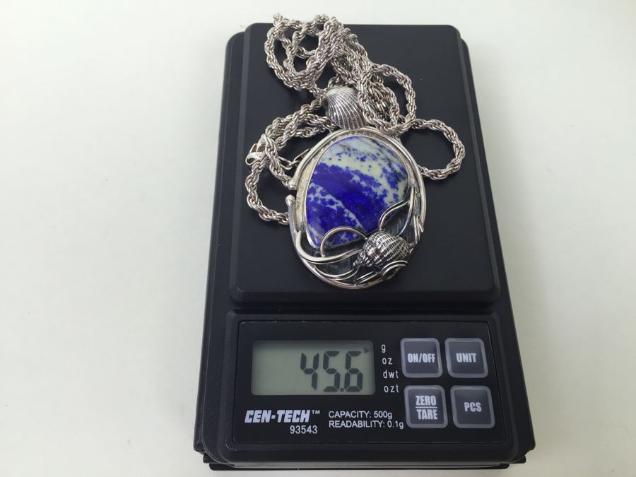 Large Sterling Silver Shell Motif Pendant With Large Blue And White Stone Plus Chunky Sterling Silver Chain 45.6g [Photo 3]