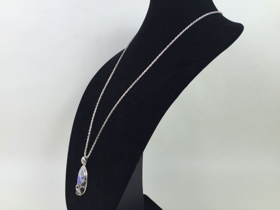 Large Sterling Silver Shell Motif Pendant With Large Blue And White Stone Plus Chunky Sterling Silver Chain 45.6g [Photo 6]