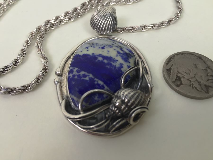 Large Sterling Silver Shell Motif Pendant With Large Blue And White Stone Plus Chunky Sterling Silver Chain 45.6g [Photo 12]