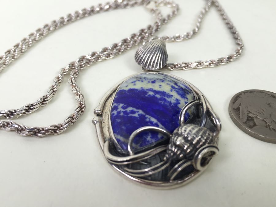 Large Sterling Silver Shell Motif Pendant With Large Blue And White Stone Plus Chunky Sterling Silver Chain 45.6g [Photo 13]