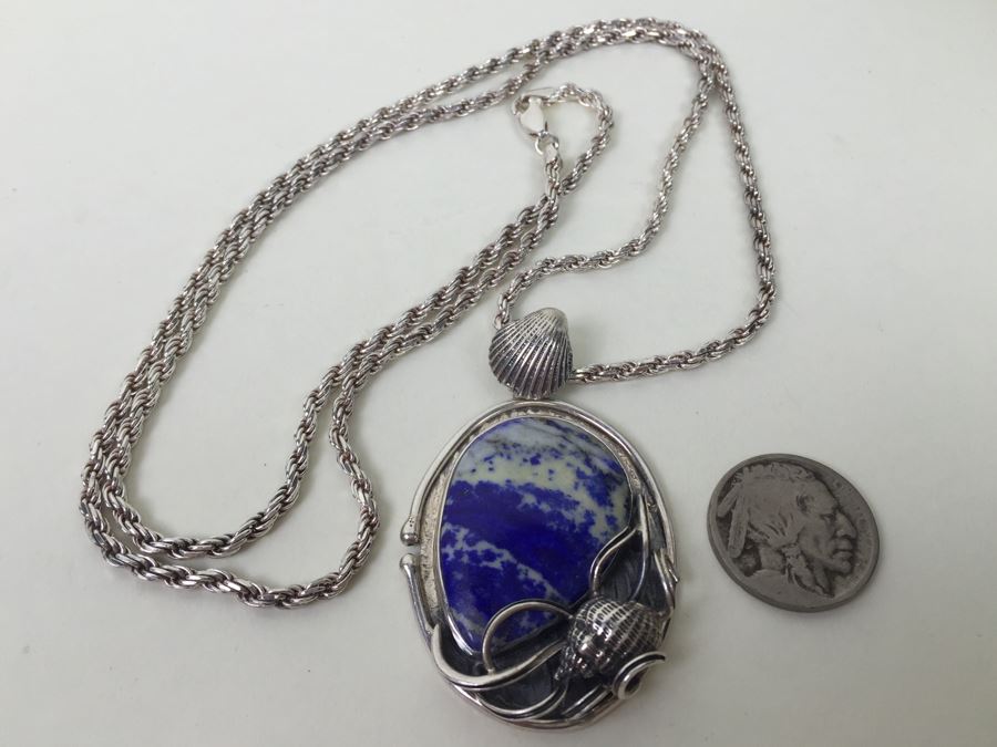 Large Sterling Silver Shell Motif Pendant With Large Blue And White Stone Plus Chunky Sterling Silver Chain 45.6g [Photo 9]