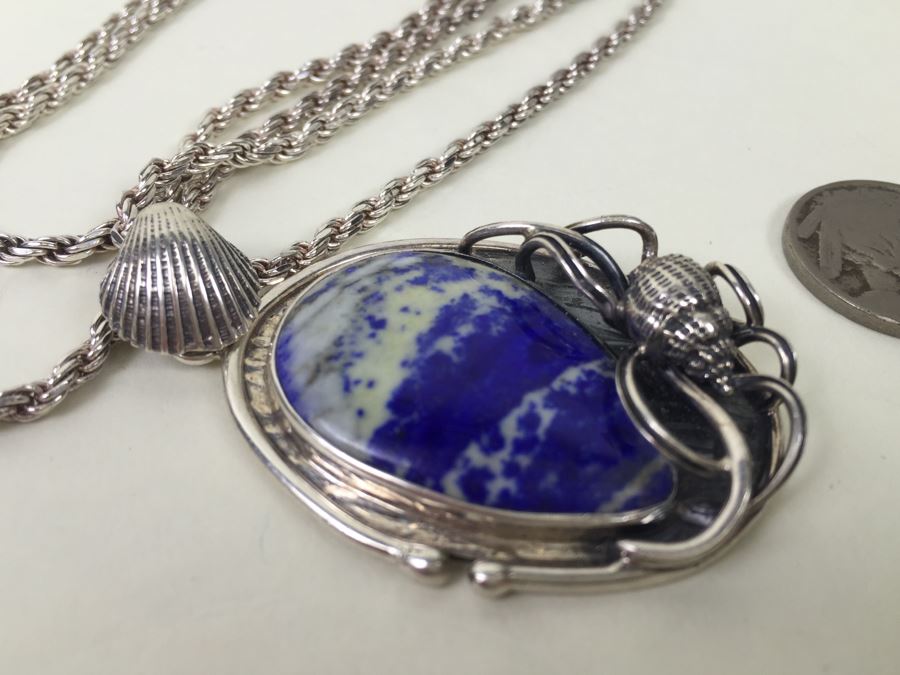 Large Sterling Silver Shell Motif Pendant With Large Blue And White Stone Plus Chunky Sterling Silver Chain 45.6g [Photo 14]