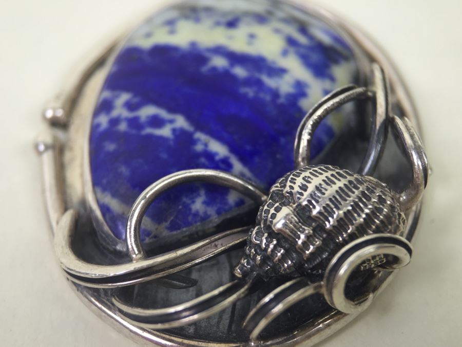 Large Sterling Silver Shell Motif Pendant With Large Blue And White Stone Plus Chunky Sterling Silver Chain 45.6g [Photo 20]