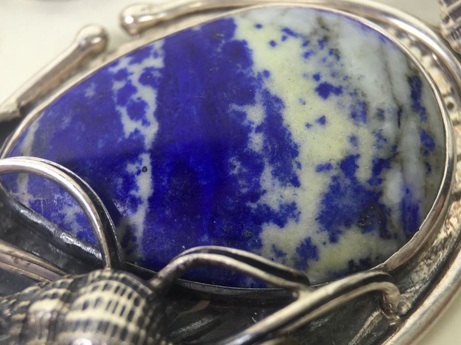 Large Sterling Silver Shell Motif Pendant With Large Blue And White Stone Plus Chunky Sterling Silver Chain 45.6g [Photo 17]