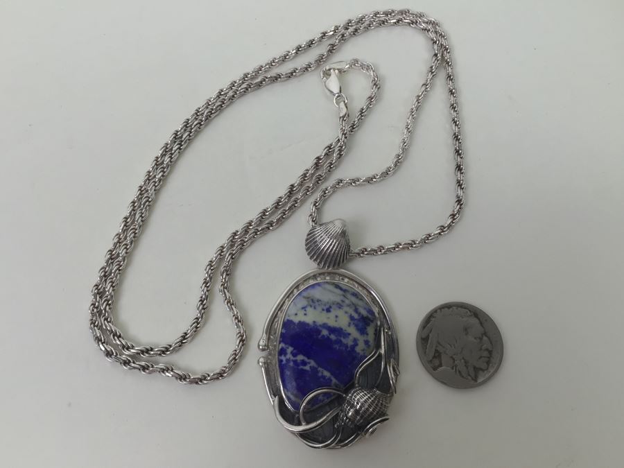 Large Sterling Silver Shell Motif Pendant With Large Blue And White Stone Plus Chunky Sterling Silver Chain 45.6g [Photo 10]