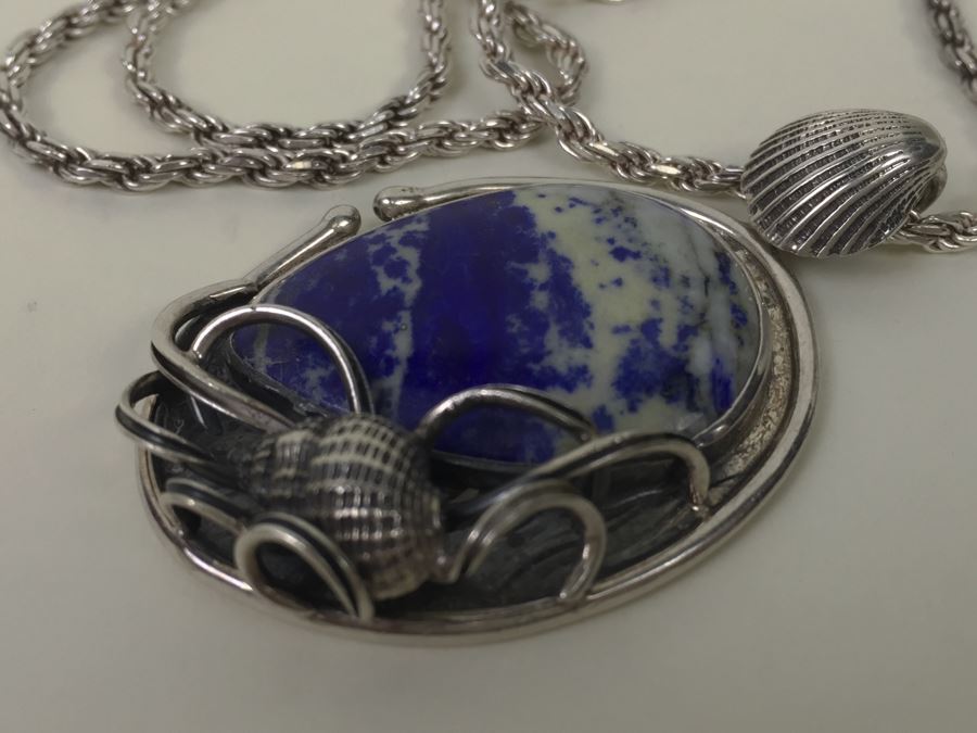 Large Sterling Silver Shell Motif Pendant With Large Blue And White Stone Plus Chunky Sterling Silver Chain 45.6g [Photo 15]