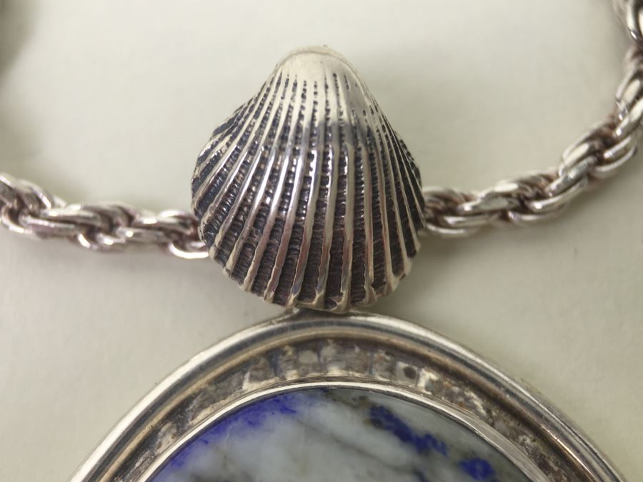 Large Sterling Silver Shell Motif Pendant With Large Blue And White Stone Plus Chunky Sterling Silver Chain 45.6g [Photo 18]