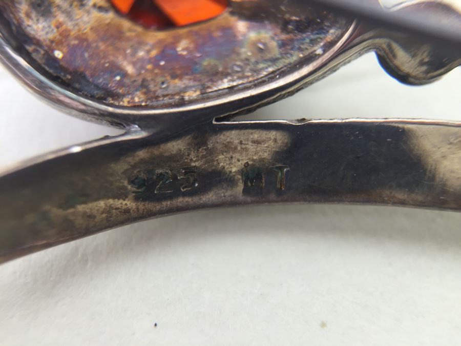 Vintage Sterling Silver Flower Brooch Pin With Marcasite And Red Gemstone 5.5g Signed MT [Photo 21]