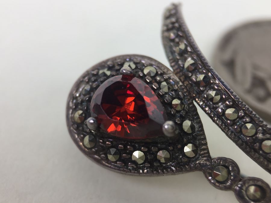 Vintage Sterling Silver Flower Brooch Pin With Marcasite And Red Gemstone 5.5g Signed MT [Photo 10]