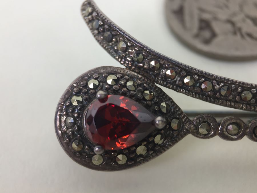 Vintage Sterling Silver Flower Brooch Pin With Marcasite And Red Gemstone 5.5g Signed MT [Photo 7]