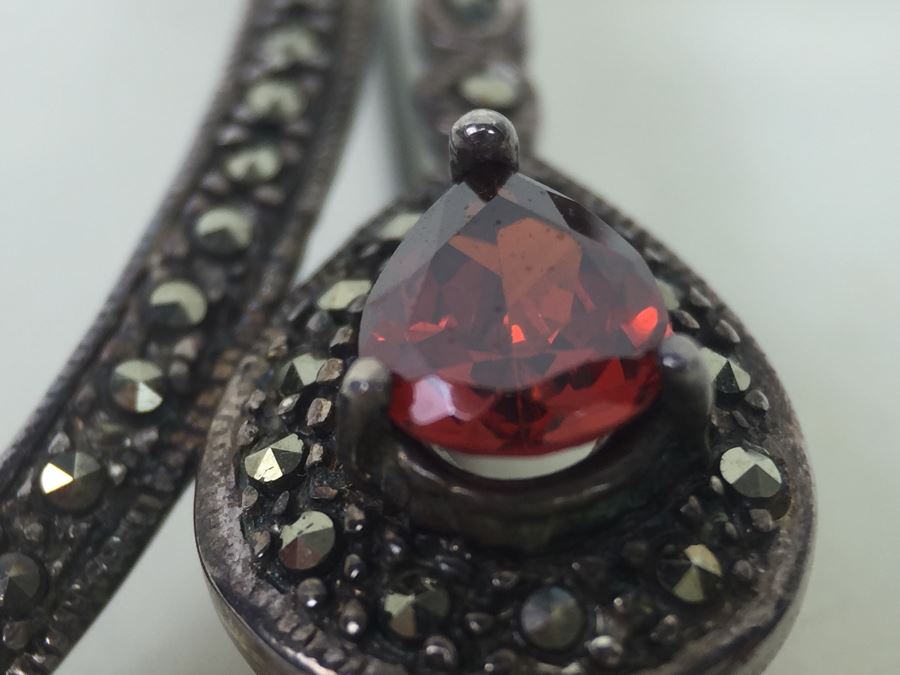 Vintage Sterling Silver Flower Brooch Pin With Marcasite And Red Gemstone 5.5g Signed MT [Photo 19]