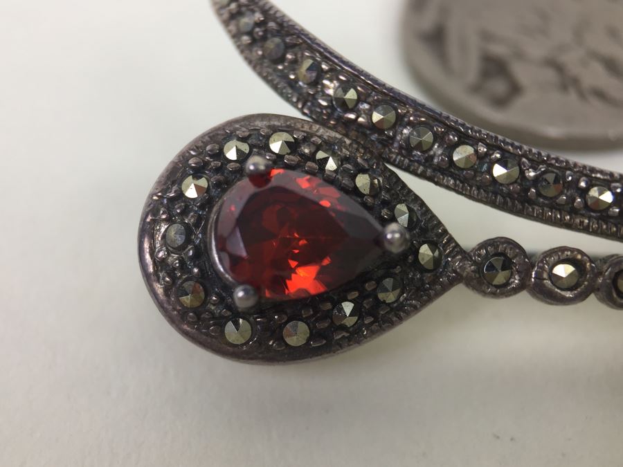Vintage Sterling Silver Flower Brooch Pin With Marcasite And Red Gemstone 5.5g Signed MT [Photo 6]