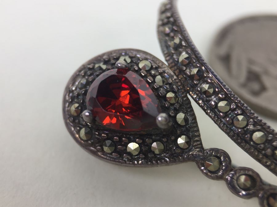 Vintage Sterling Silver Flower Brooch Pin With Marcasite And Red Gemstone 5.5g Signed MT [Photo 2]